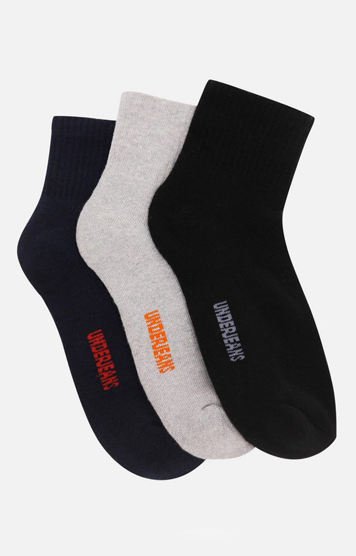 Men Premium Black Navy Grey Ankle Length (Full Terry) (Pack of 3) Socks- UnderJeans by Spykar