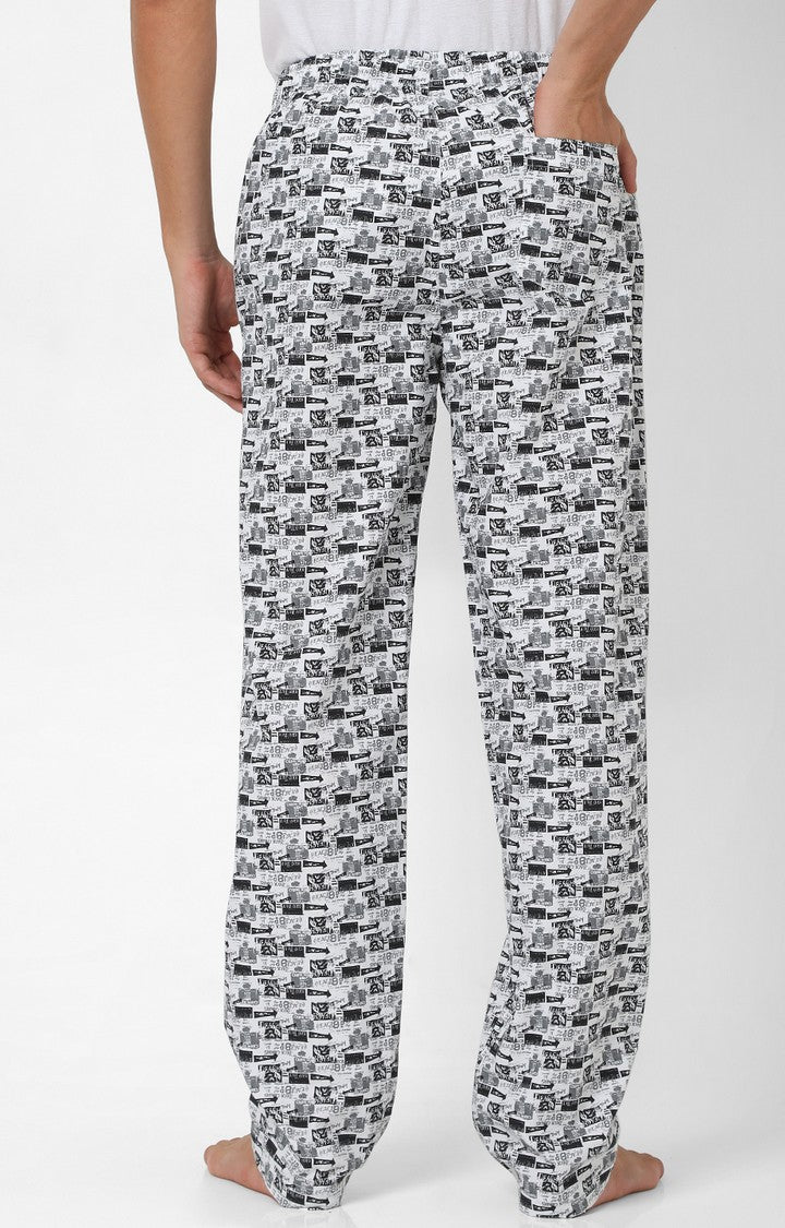 Men Premium White & Grey Cotton Printed Pyjama UnderJeans By Spykar