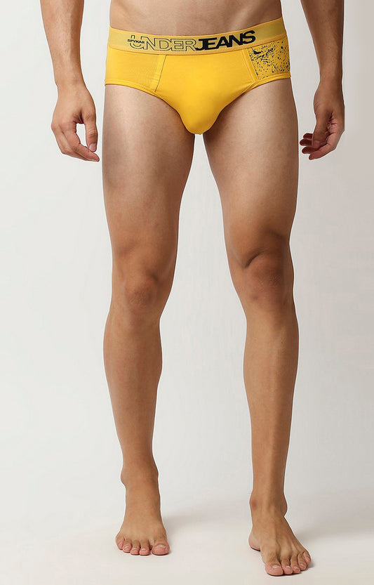 Men Premium Yellow Cotton Blend Brief- UnderJeans by Spykar