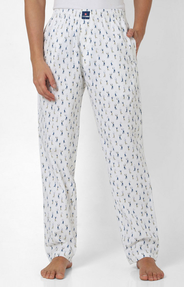 Men Premium White Cotton Printed Pyjama - UnderJeans By Spykar