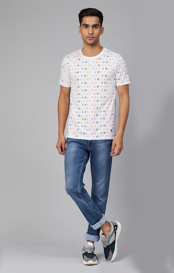 White Cotton Printed Round Neck T-Shirts- UnderJeans by Spykar