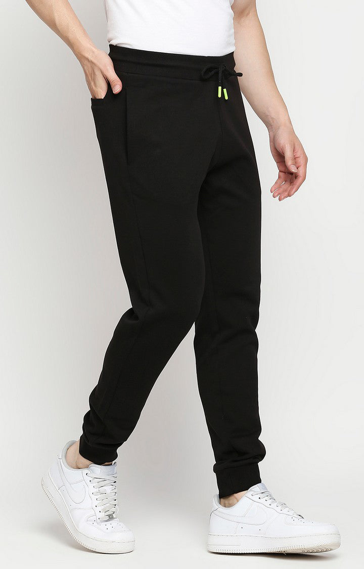 Men Premium Cotton Blend Knitted Black Trackpant - UnderJeans by Spykar
