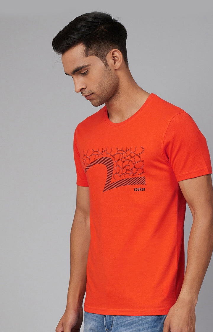 Orange Cotton Printed Round Neck T-Shirts- UnderJeans by Spykar