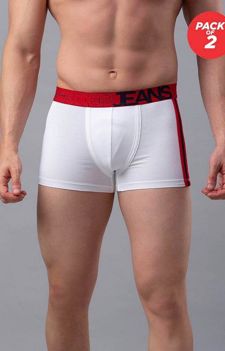 Men Premium Cotton Blend White-Red Trunk - (Pack of 2)- UnderJeans by Spykar