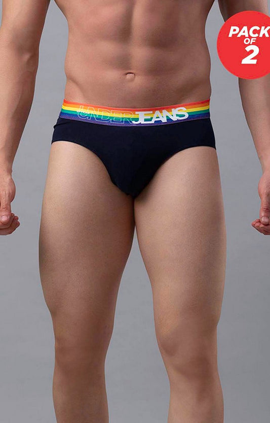 Men Premium Cotton Blend Navy-Multi Brief - (Pack of 2)- UnderJeans by Spykar