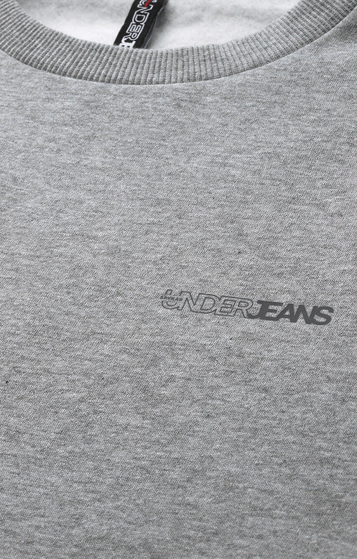 Grey Melange Cotton Solid Round Neck Sweatshirts- UnderJeans by Spykar