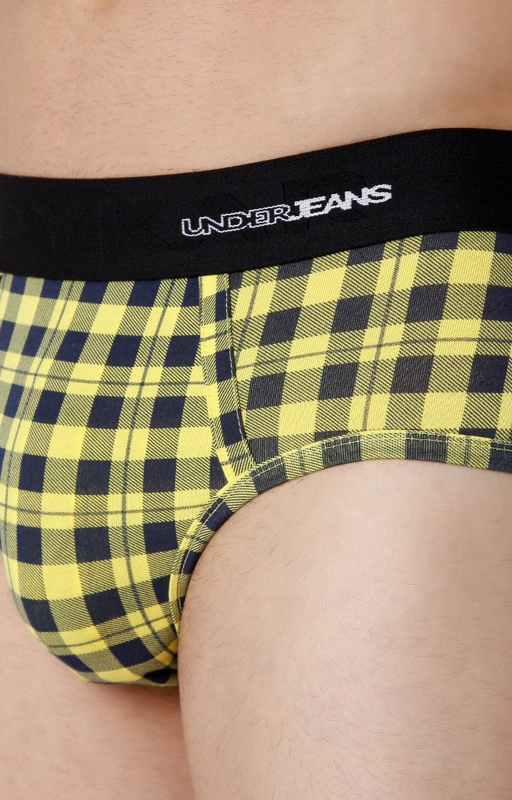 Men Premium Yellow Check Cotton Blend Brief- UnderJeans by Spykar