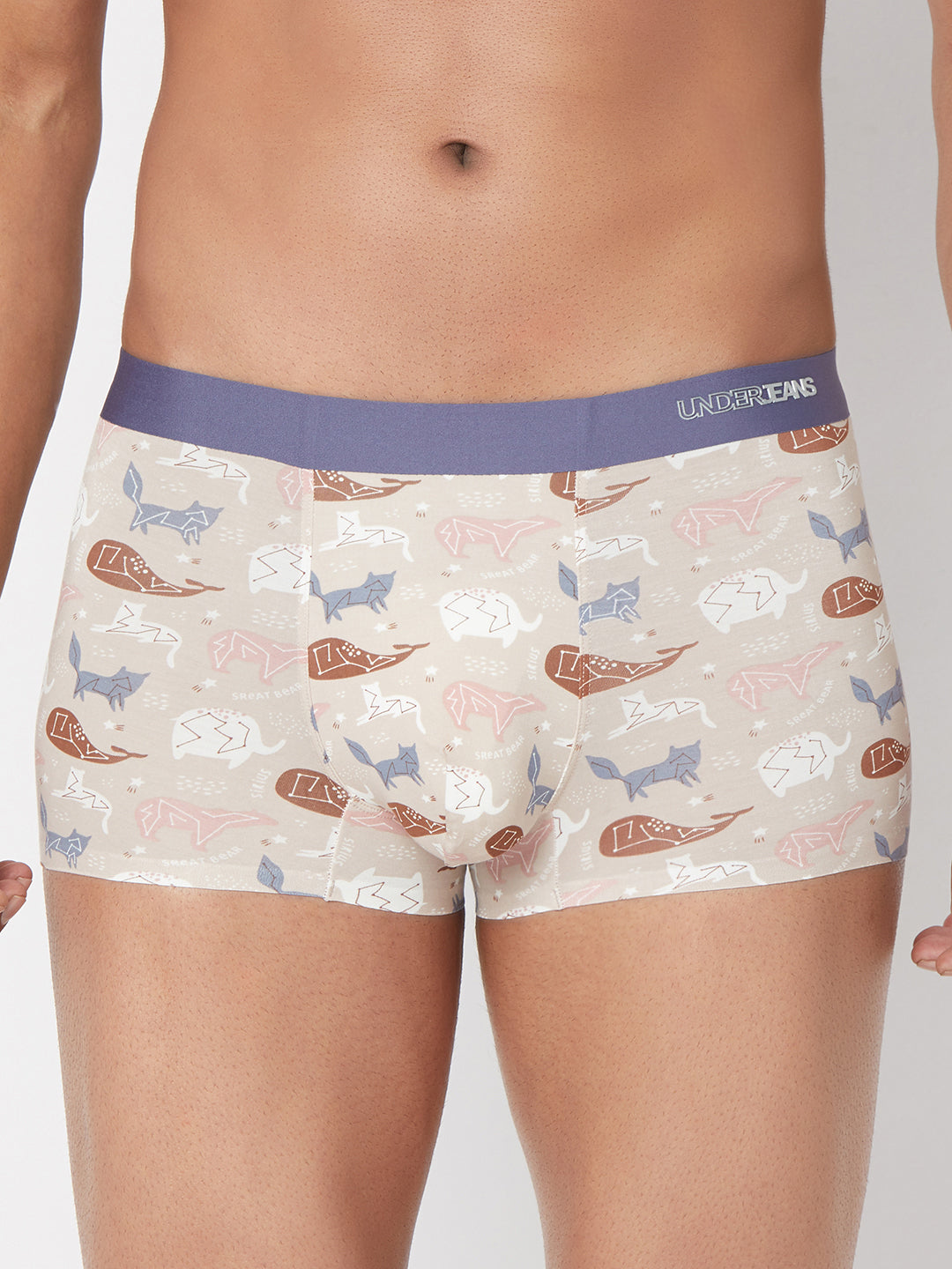 Men Beige Printed Super Premium Bonded Elastic Trunk - UnderJeans by Spykar