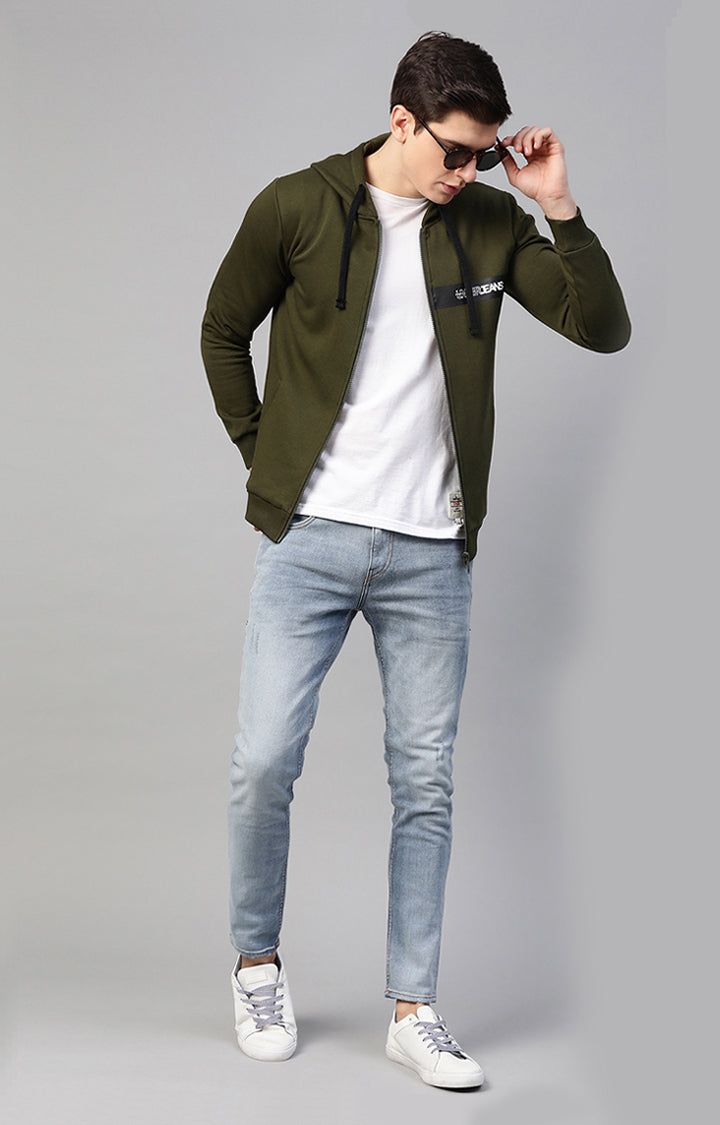 Olive Cotton Solid Hooded Sweatshirts- UnderJeans by Spykar