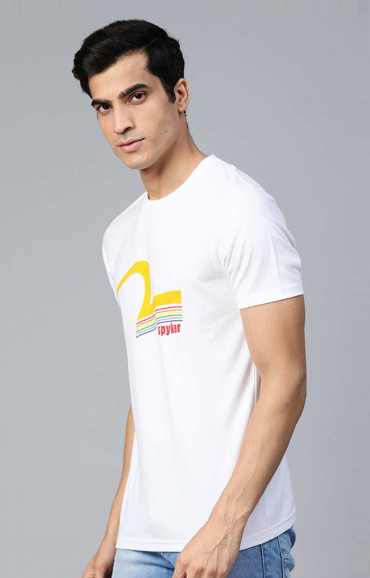 White Cotton Printed Round Neck T-Shirts- UnderJeans by Spykar