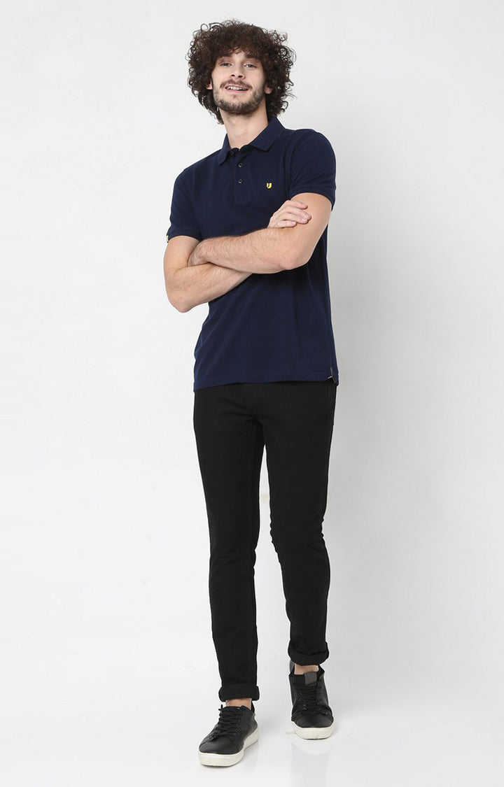 Men Premium Inkblue Cotton Regular Fit Polo T-Shirt - UnderJeans By Spykar