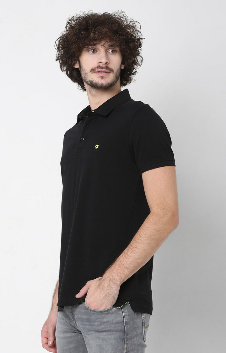 Men Premium Black Cotton Polo T-Shirts - UnderJeans By Spykar