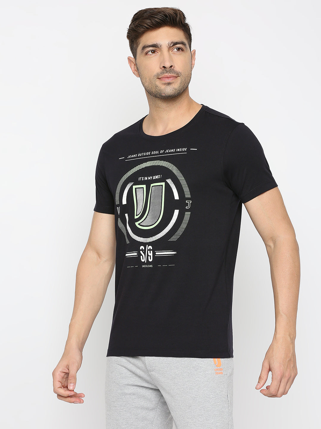 Men Premium Navy Cotton Round Neck Printed Tshirt- UnderJeans by Spykar