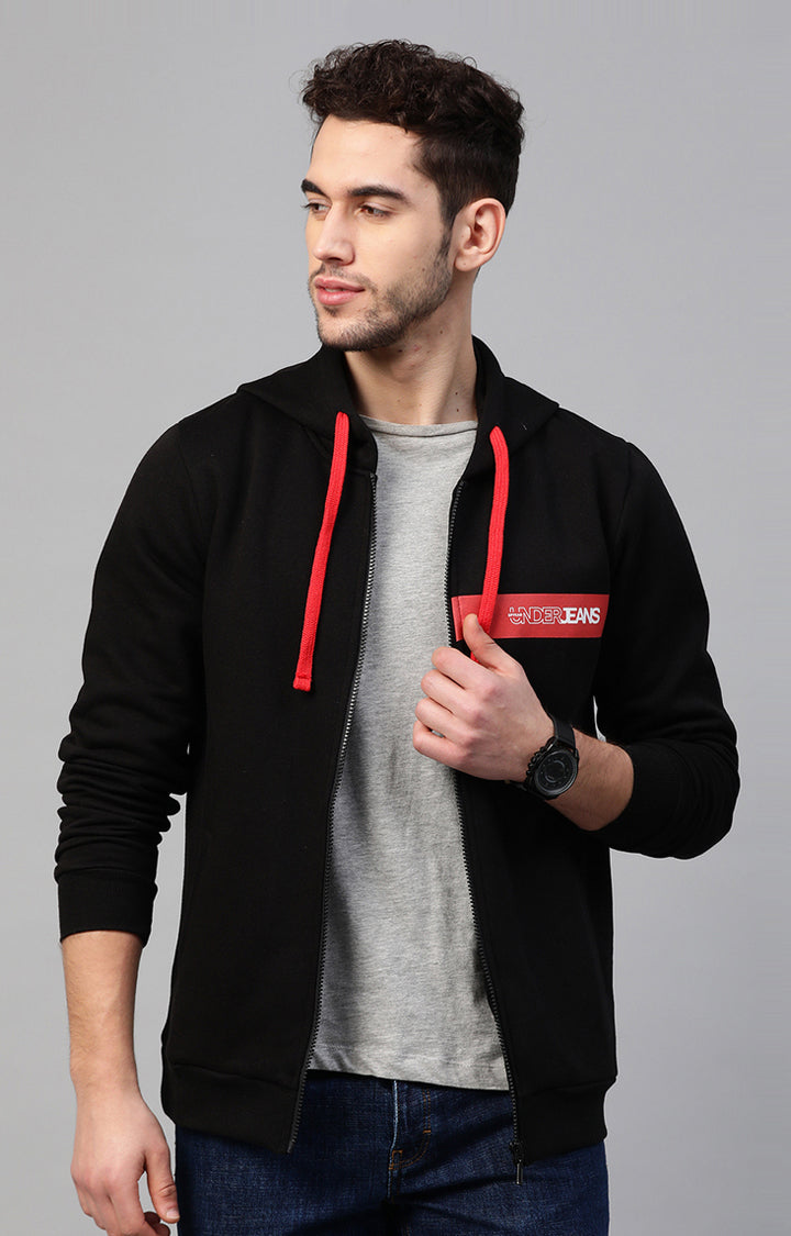 Black Cotton Solid Hooded Sweatshirts- UnderJeans by Spykar