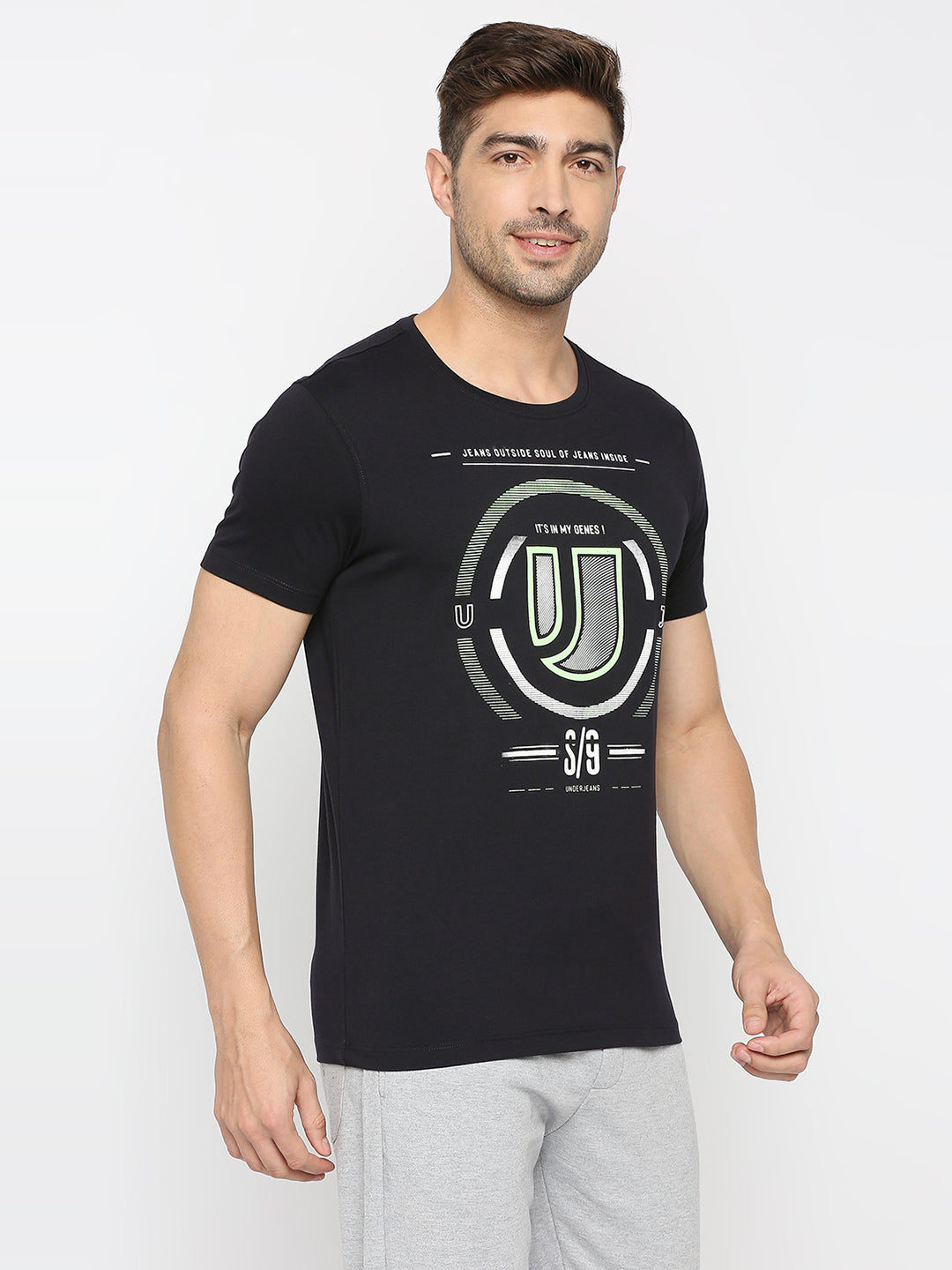 Men Premium Navy Cotton Round Neck Printed Tshirt- UnderJeans by Spykar