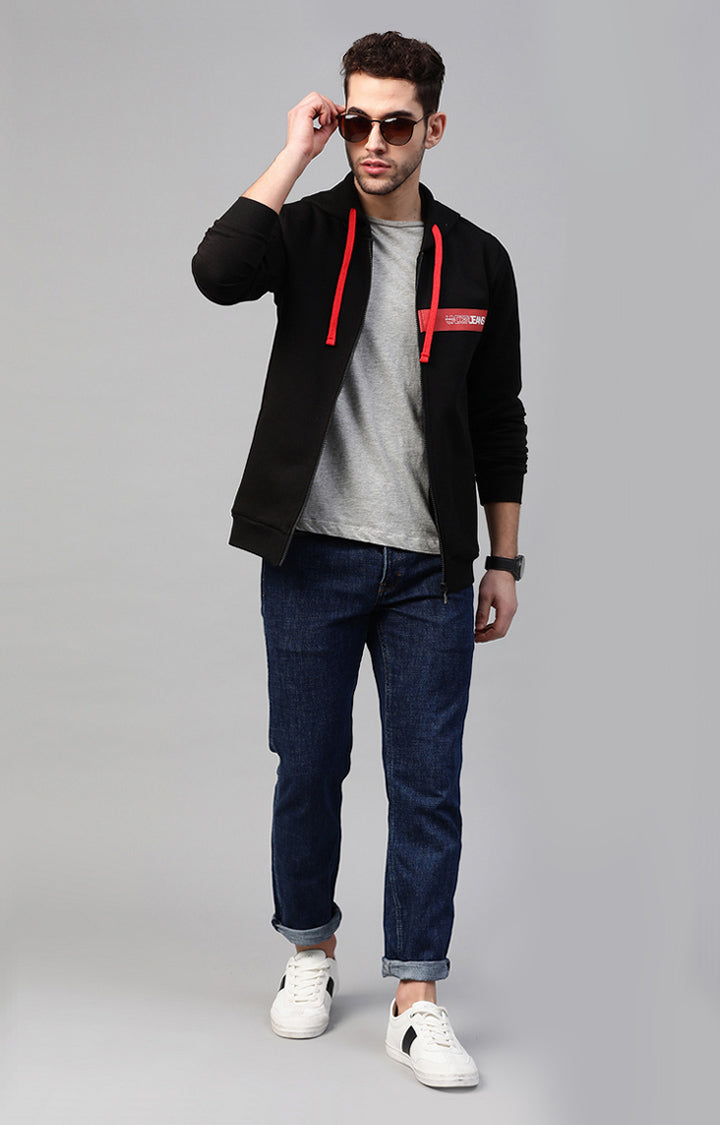 Black Cotton Solid Hooded Sweatshirts- UnderJeans by Spykar