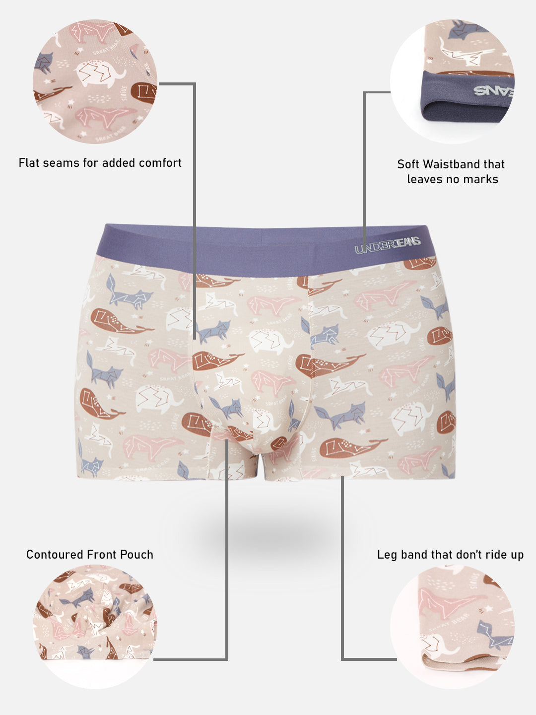Men Beige Printed Super Premium Bonded Elastic Trunk - UnderJeans by Spykar