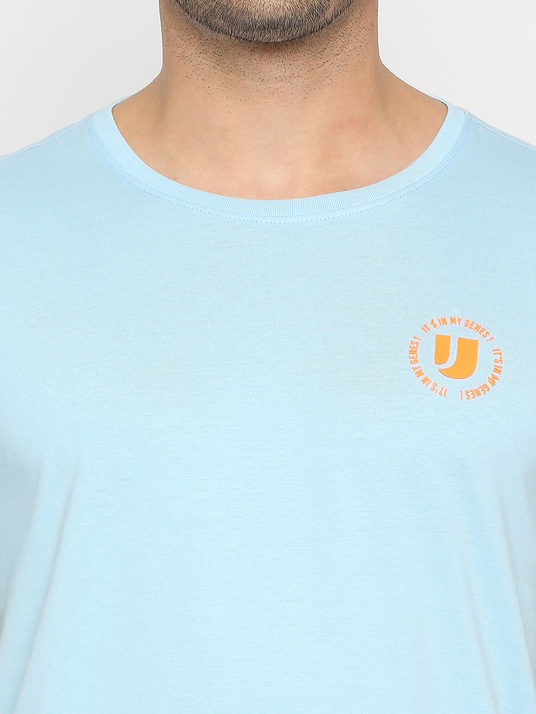 Men Premium Powder Blue Cotton Round Neck Plain Tshirt- UnderJeans by Spykar