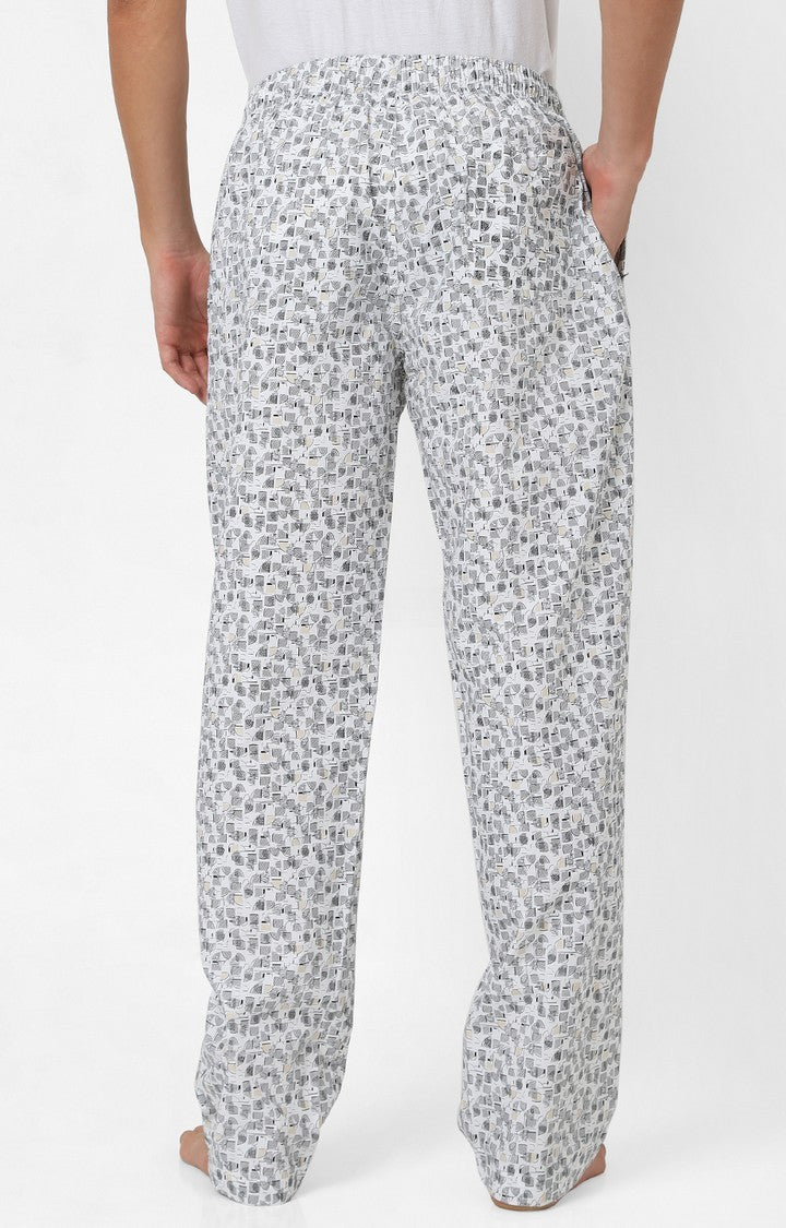 Men Premium White & Black Cotton Printed Pyjama - UnderJeans by Spykar