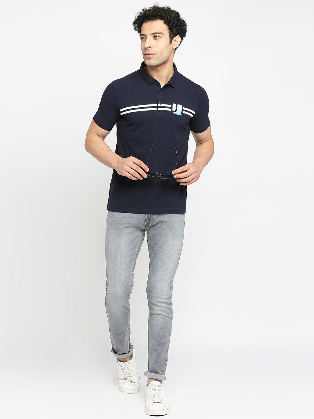 Men Premium Cotton Navy Blue Polo T-shirt- UnderJeans by Spykar