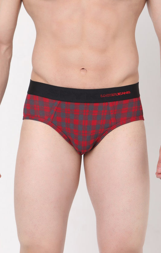 Men Premium Cotton Blend Maroon-Check Brief- UnderJeans by Spykar