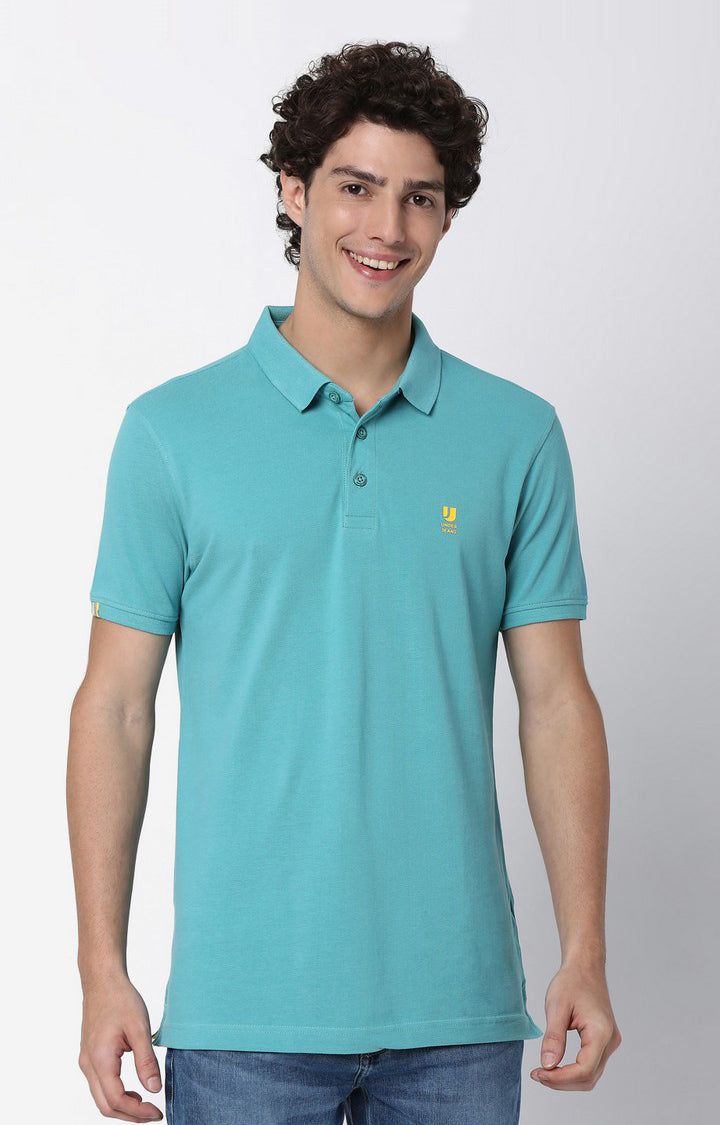 Men Premium Petrol Blue Cotton Polo T-Shirts - UnderJeans by Spykar