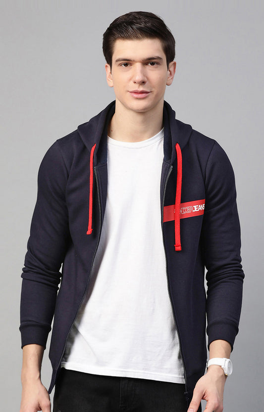 Navy Cotton Solid Hooded Sweatshirts- UnderJeans by Spykar