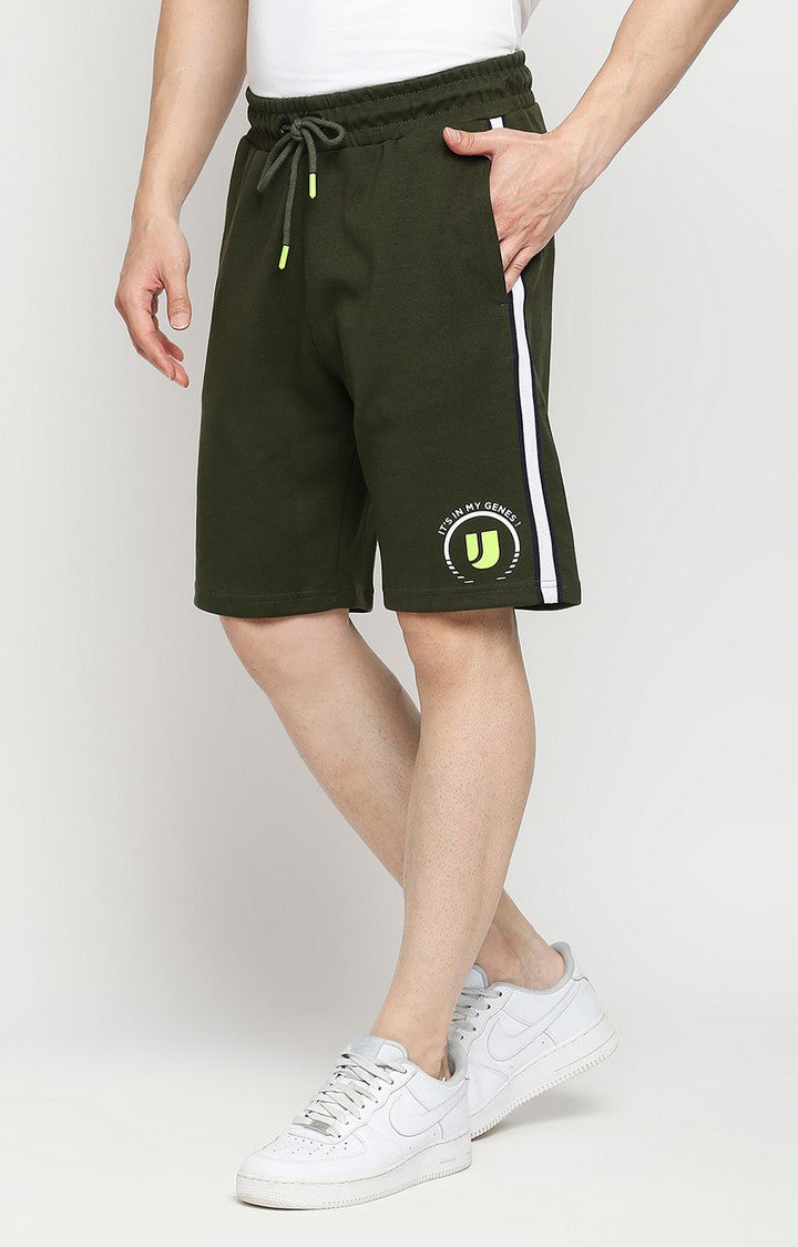 Men Premium Cotton Blend Knitted Rifle Green Shorts - UnderJeans by Spykar