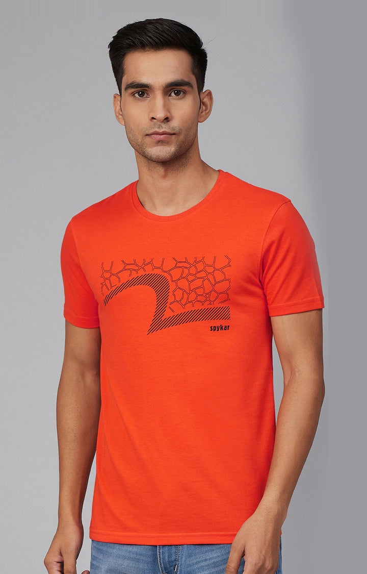 Orange Cotton Printed Round Neck T-Shirts- UnderJeans by Spykar