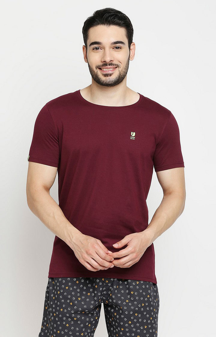 Men Premium White & Wine Cotton Regular Fit Round Neck T-shirts - Pack of 2 - UnderJeans by Spykar