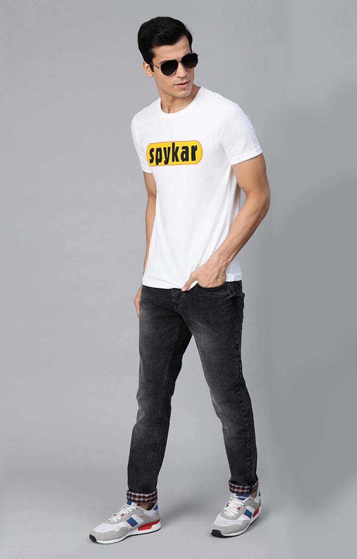 White Cotton Printed Round Neck T-Shirts- UnderJeans by Spykar