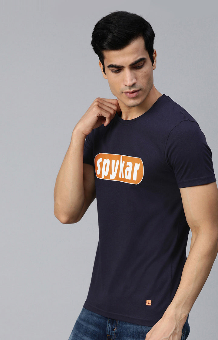 Navy Cotton Printed Round Neck T-Shirts- UnderJeans by Spykar