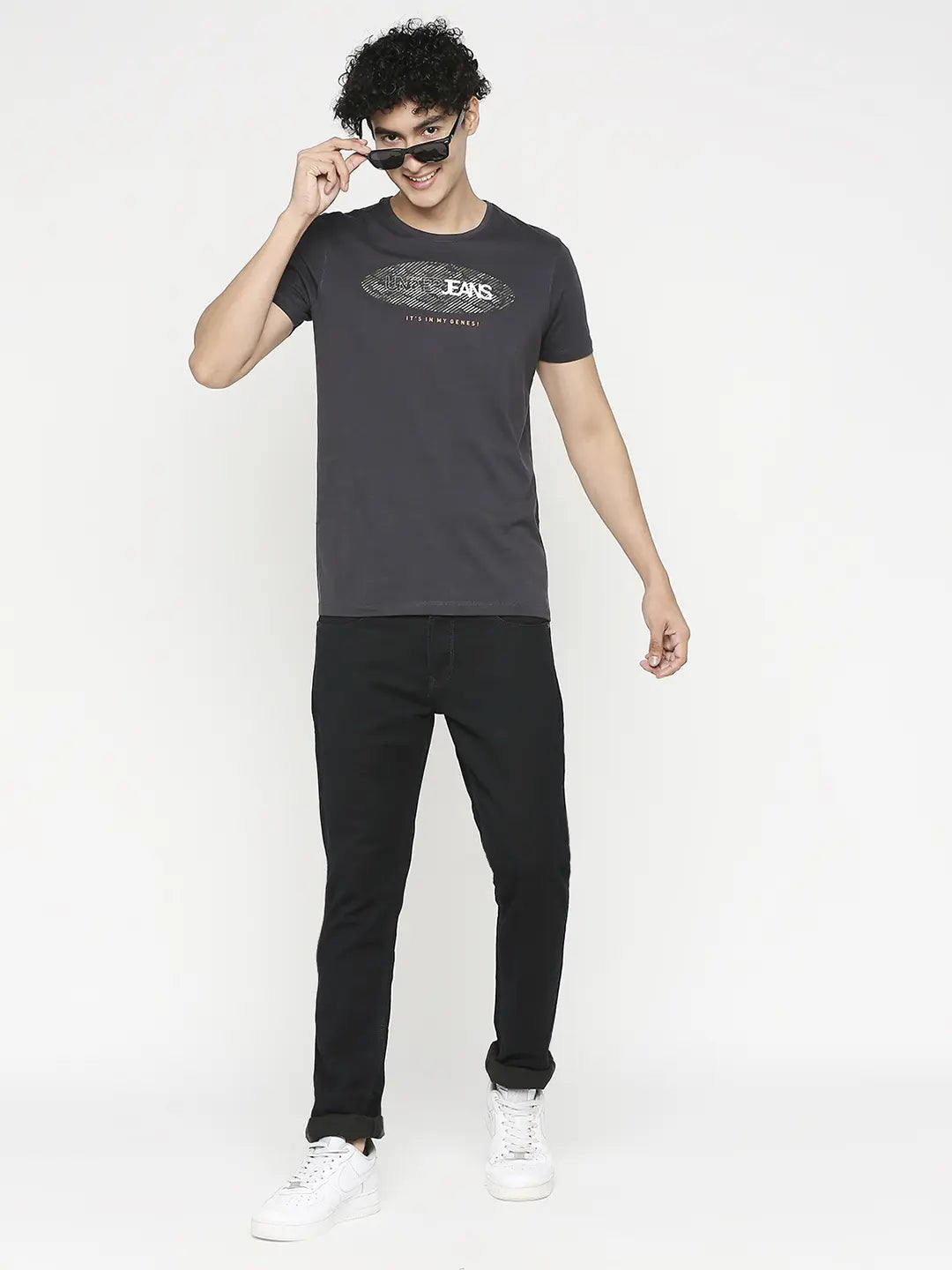 Men Premium Slate Grey Cotton Half Sleeve Printed Tshirt - UnderJeans by Spykar