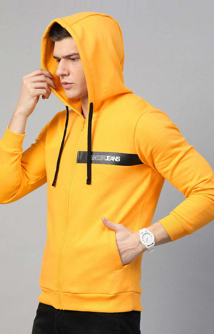 Mustard Cotton Solid Hooded Sweatshirts- UnderJeans by Spykar