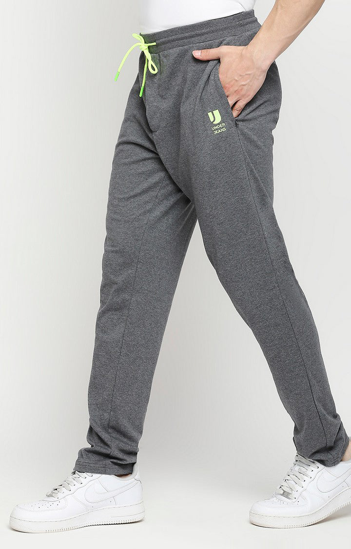 Men Premium Cotton Blend Knitted Charcoal Trackpants- UnderJeans by Spykar