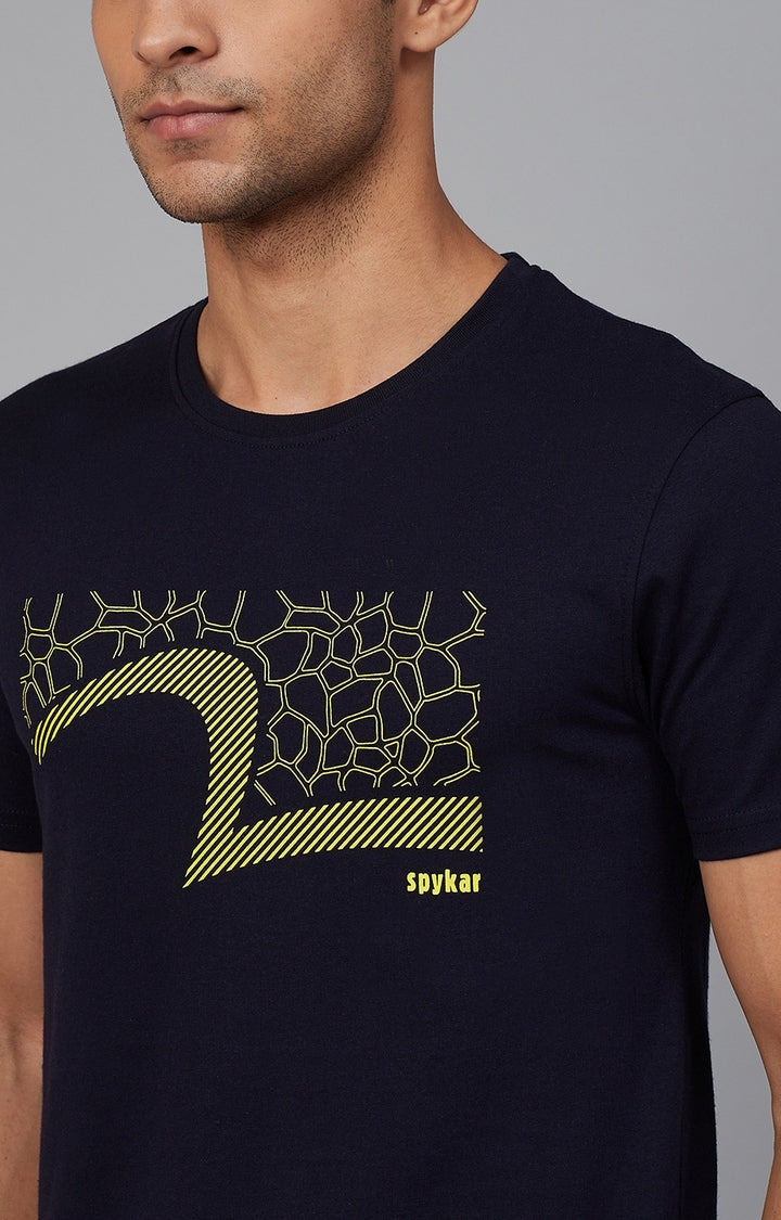 Navy Cotton Printed Round Neck T-Shirts- UnderJeans by Spykar