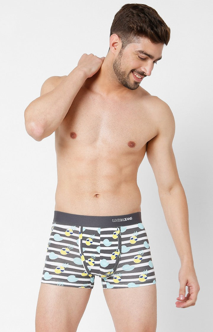 Men Premium Grey Cotton Blend Printed Trunk- UnderJeans by Spykar