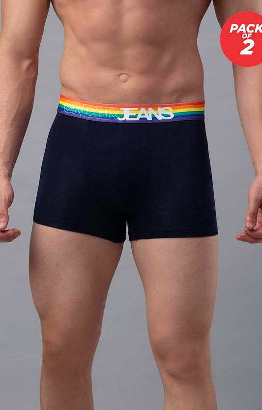Men Premium Cotton Blend Navy-Multi Trunk - (Pack of 2)- UnderJeans by Spykar