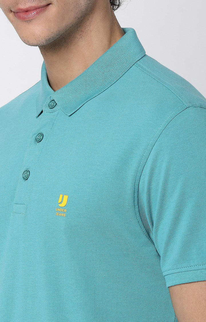 Men Premium Petrol Blue Cotton Polo T-Shirts - UnderJeans by Spykar