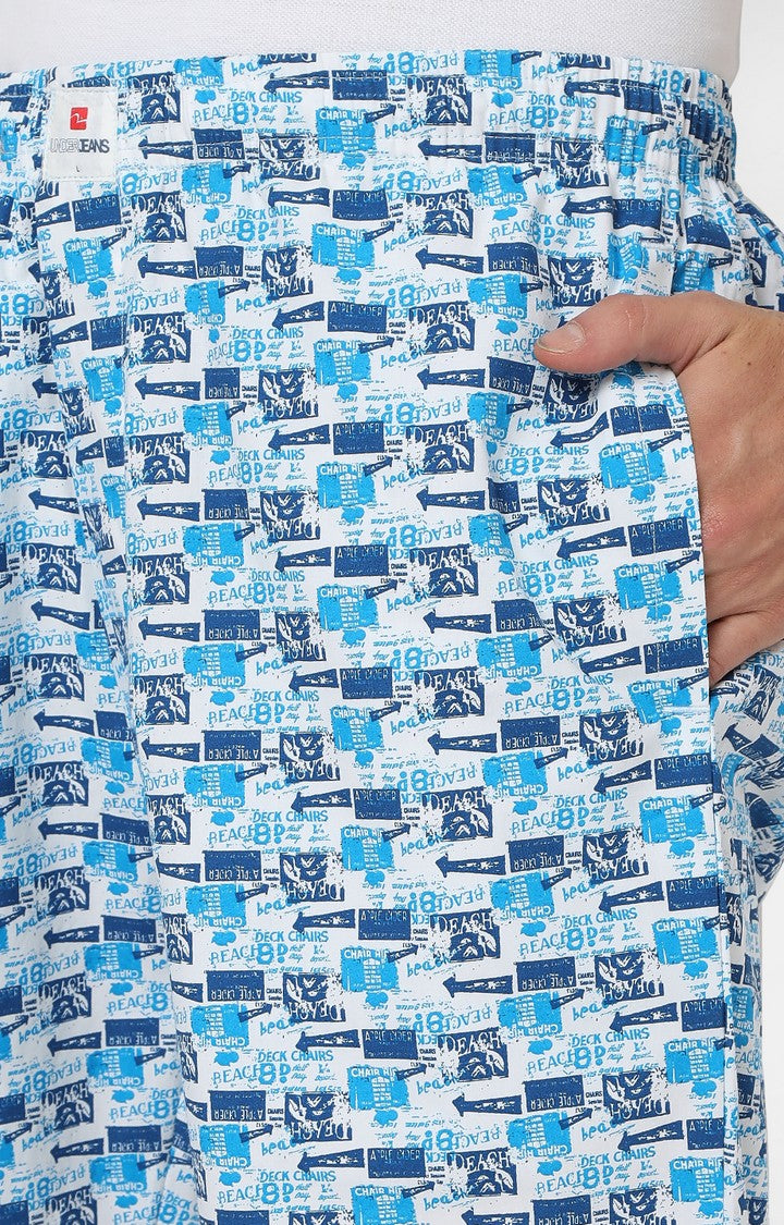 Men Premium White & Dark Blue Cotton Printed Pyjama - UnderJeans By Spykar