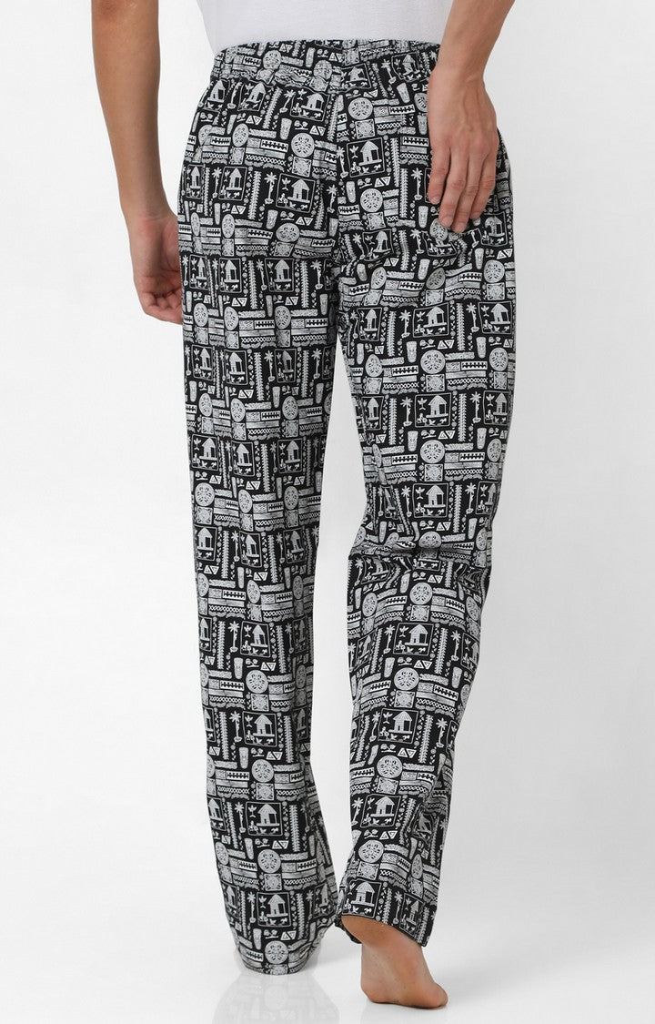 Men Premium Black & White Cotton Printed Pyjama - UnderJeans By Spykar