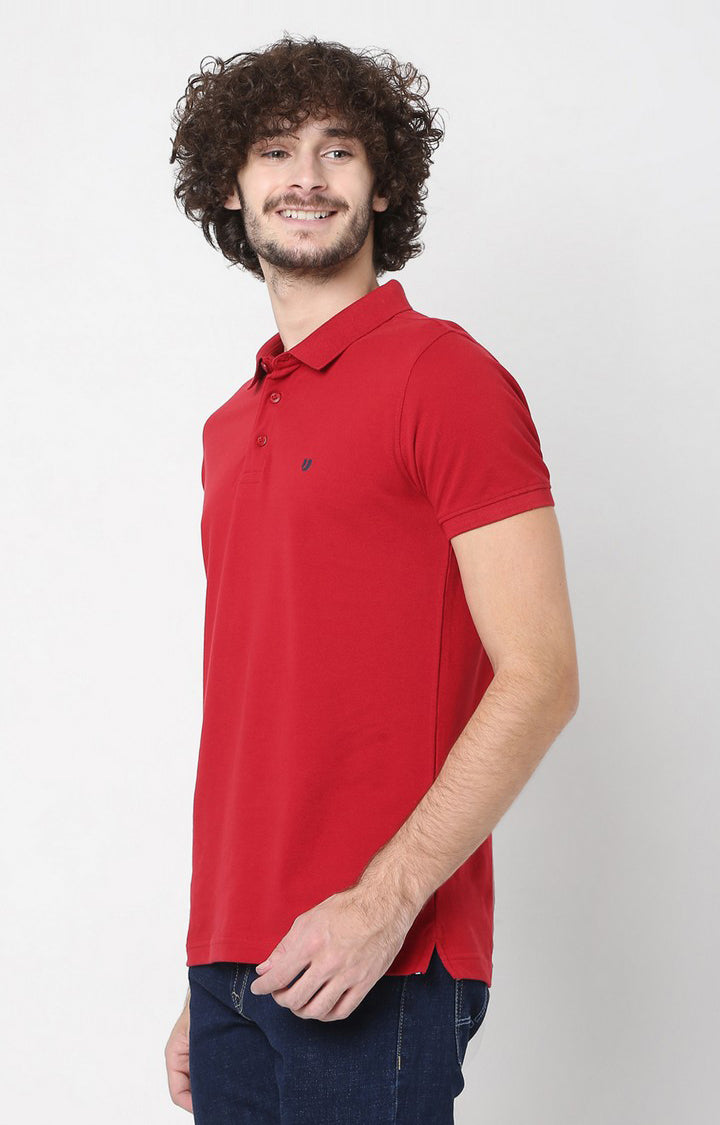Men Premium Red Cotton Regular Fit Polo T-Shirt - UnderJeans By Spykar