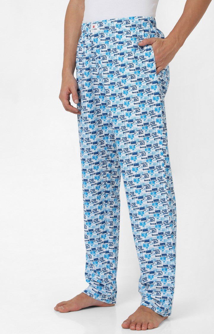 Men Premium White & Dark Blue Cotton Printed Pyjama - UnderJeans By Spykar
