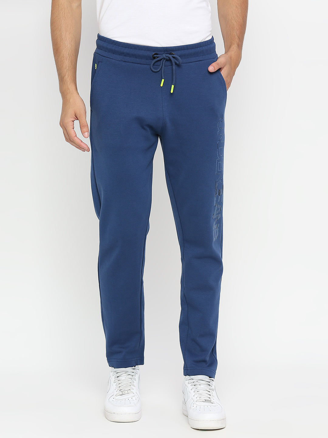 Men Premium Knitted Indigo Blue Cotton Straight Fit Trackpants- UnderJeans by Spykar