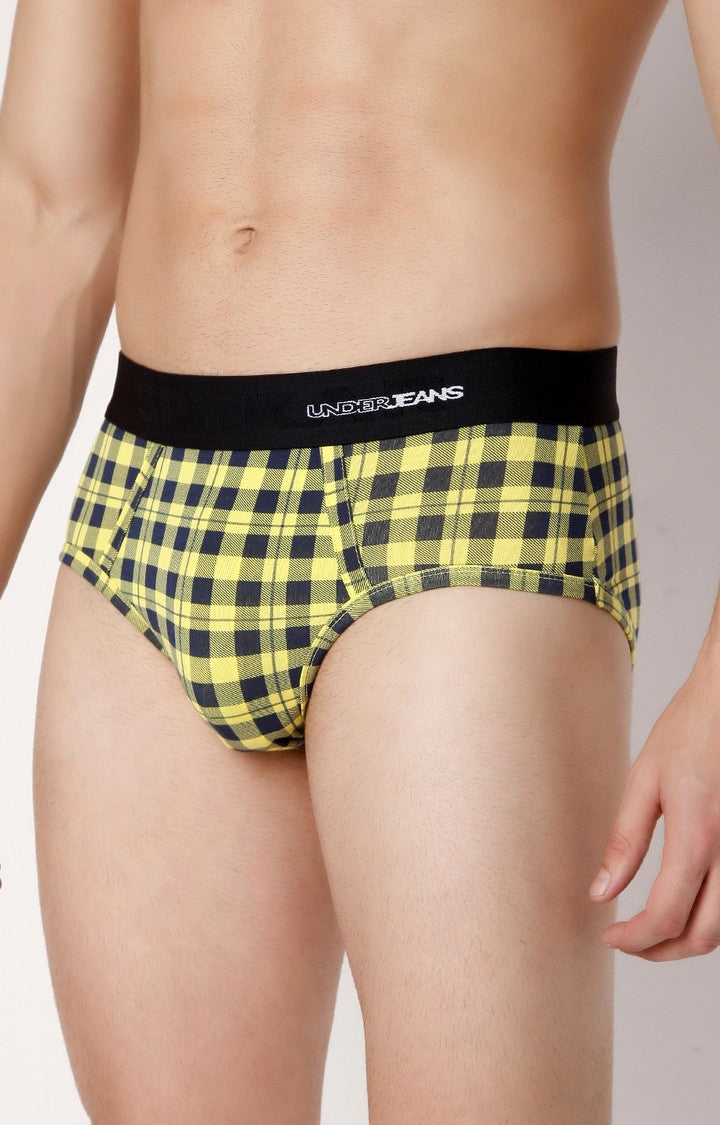 Men Premium Yellow Check Cotton Blend Brief- UnderJeans by Spykar