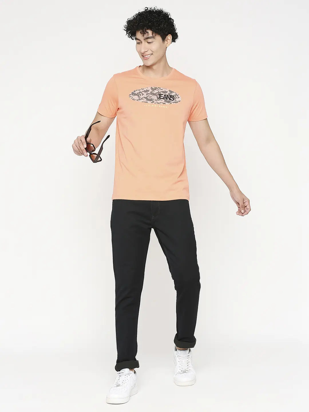 Men Premium Peach Cotton Half Sleeve Printed Tshirt- UnderJeans by Spykar