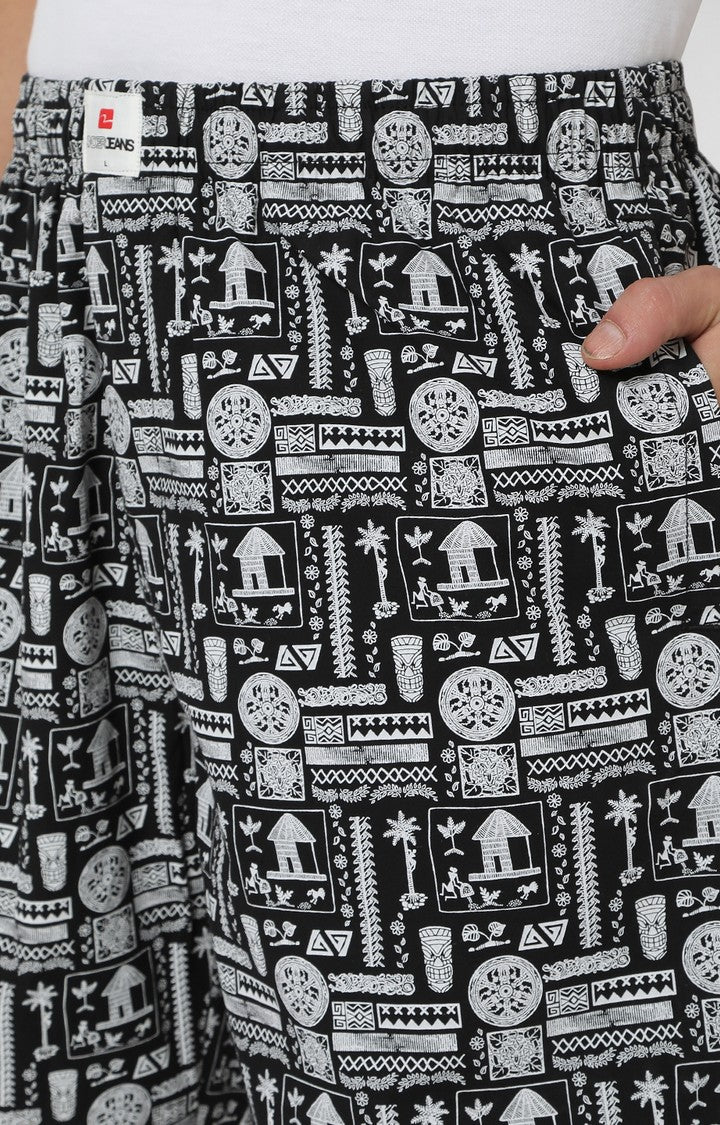 Men Premium Black & White Cotton Printed Pyjama - UnderJeans By Spykar