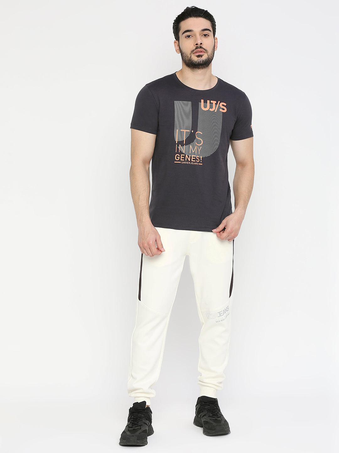 Men Premium Slate Grey Cotton Tshirt- UnderJeans by Spykar