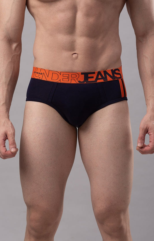 Men Premium Cotton Blend Navy-Orange Brief- UnderJeans by Spykar