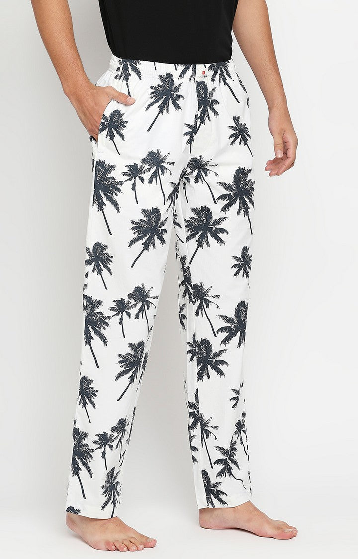 Men Premium White & Navy Printed Regular Fit Pyjama- UnderJeans By Spykar